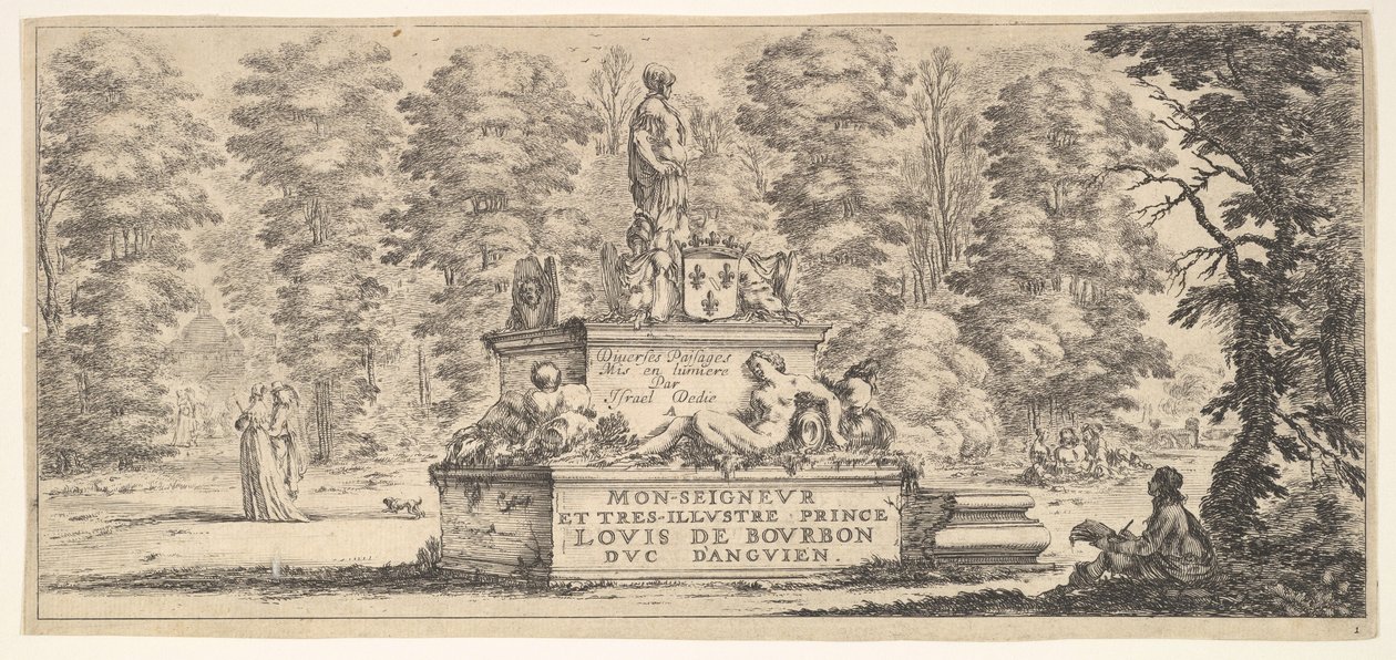 Plate 1: et monument med statuer og et våpenskjold i midten, en tegner på..., ca. 1641. av Stefano della Bella