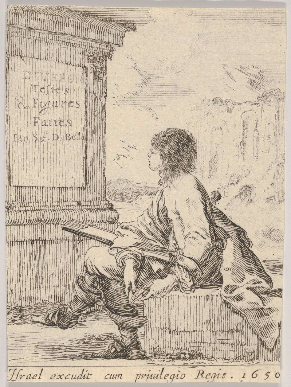 Plate 1: en ung mann som sitter på en stein, vendt mot venstre i profil, og holder en tegneblokk i ..., 1650. av Stefano della Bella
