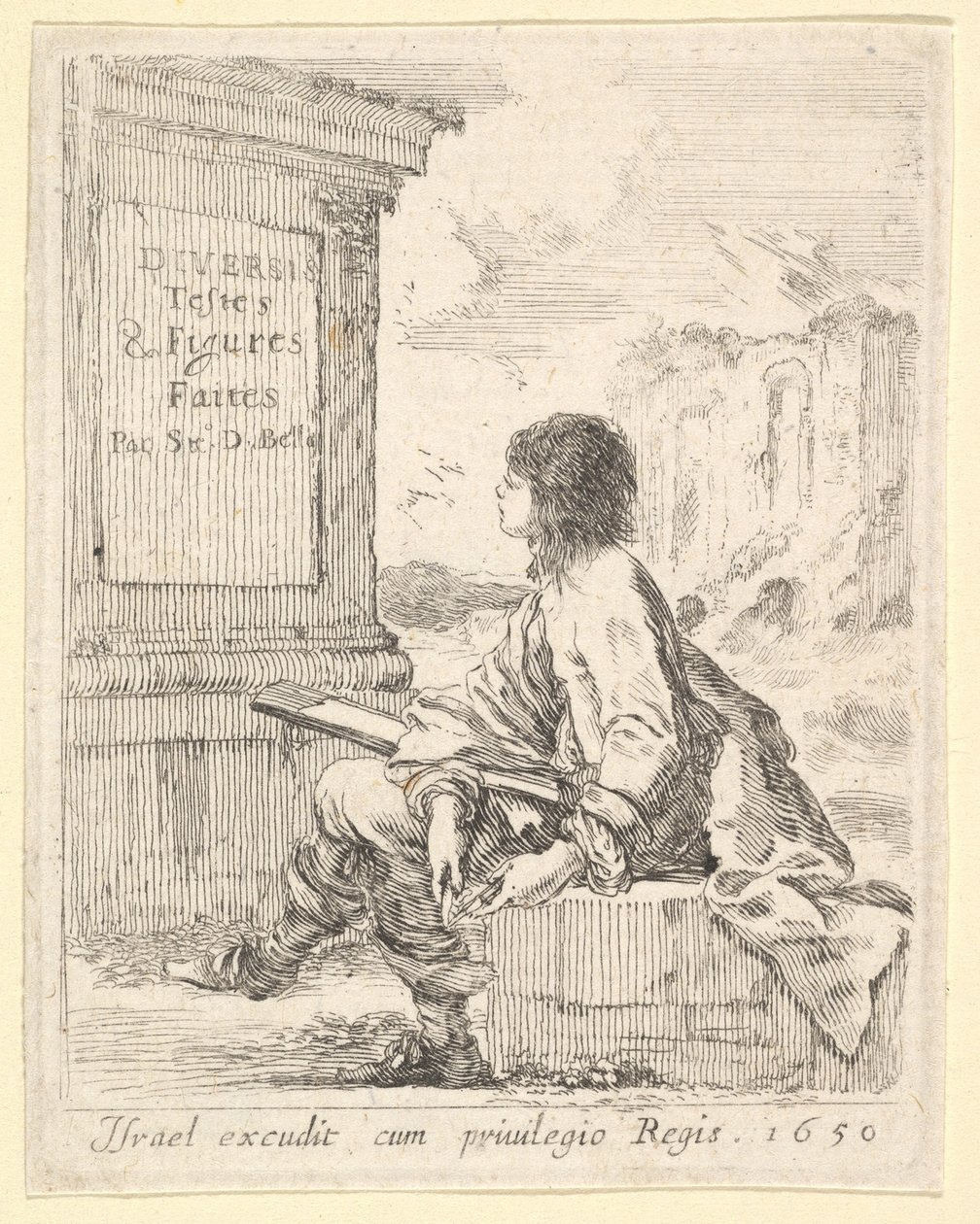 Plate 1: en ung mann som sitter på en stein, vendt mot venstre i profil, og holder en tegneblokk i ..., 1650. av Stefano della Bella