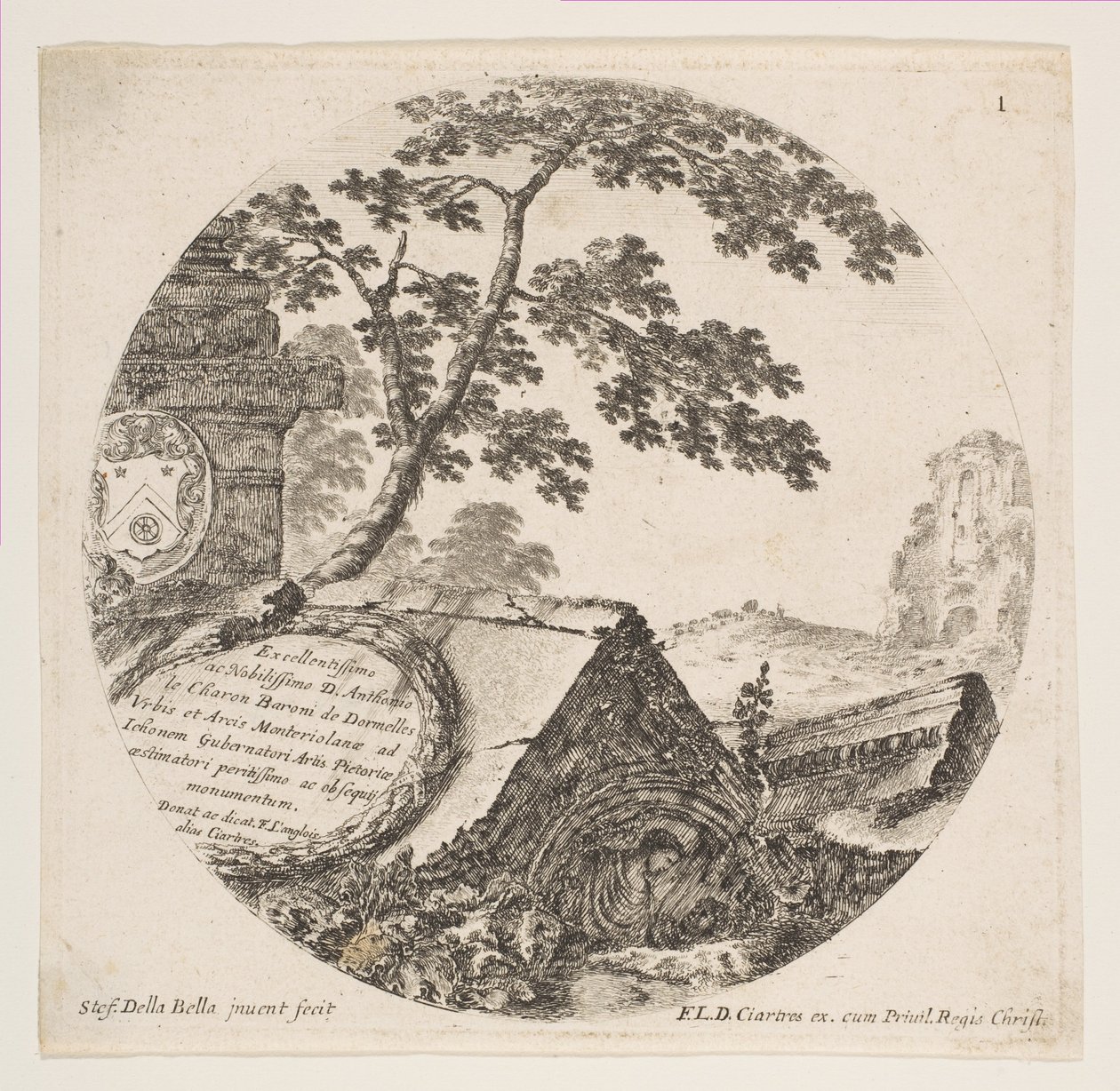 Plate 1: fragmenter fra fortidsminner, fra romerske landskap og ruiner Paysages..., ca. 1646. av Stefano della Bella