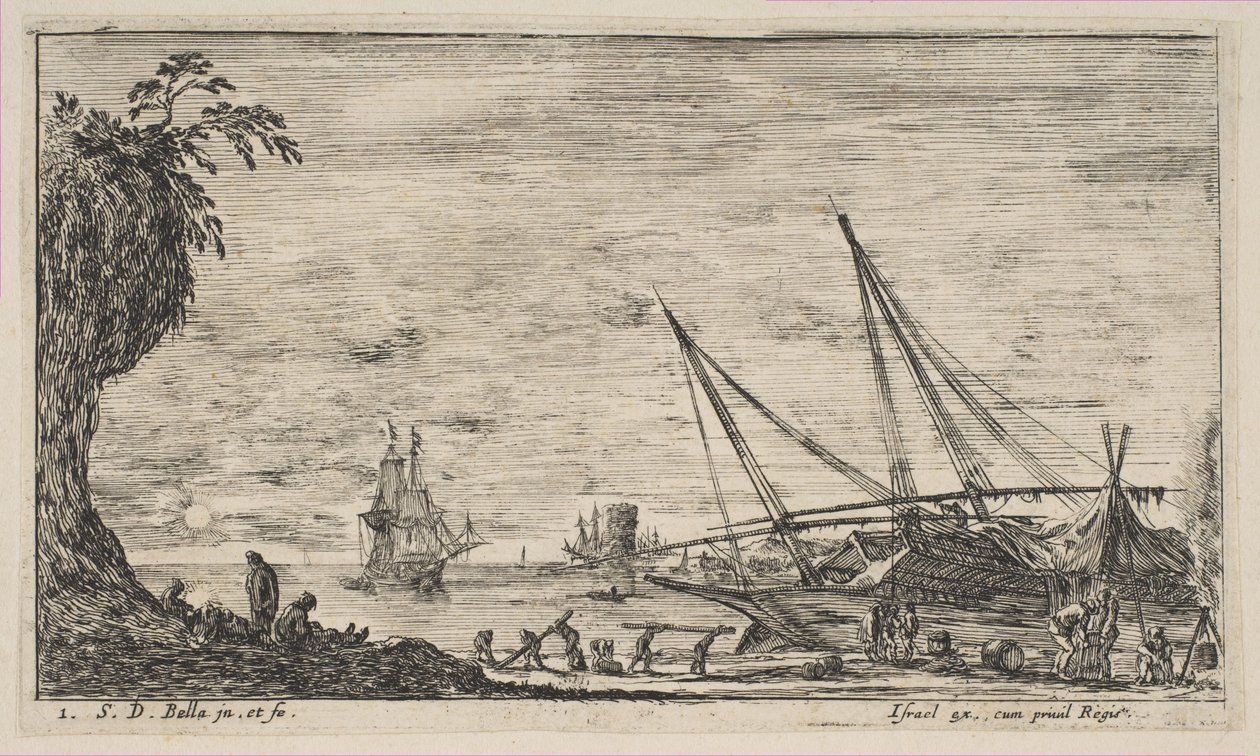 Plate 1: havneby med skip, fra 