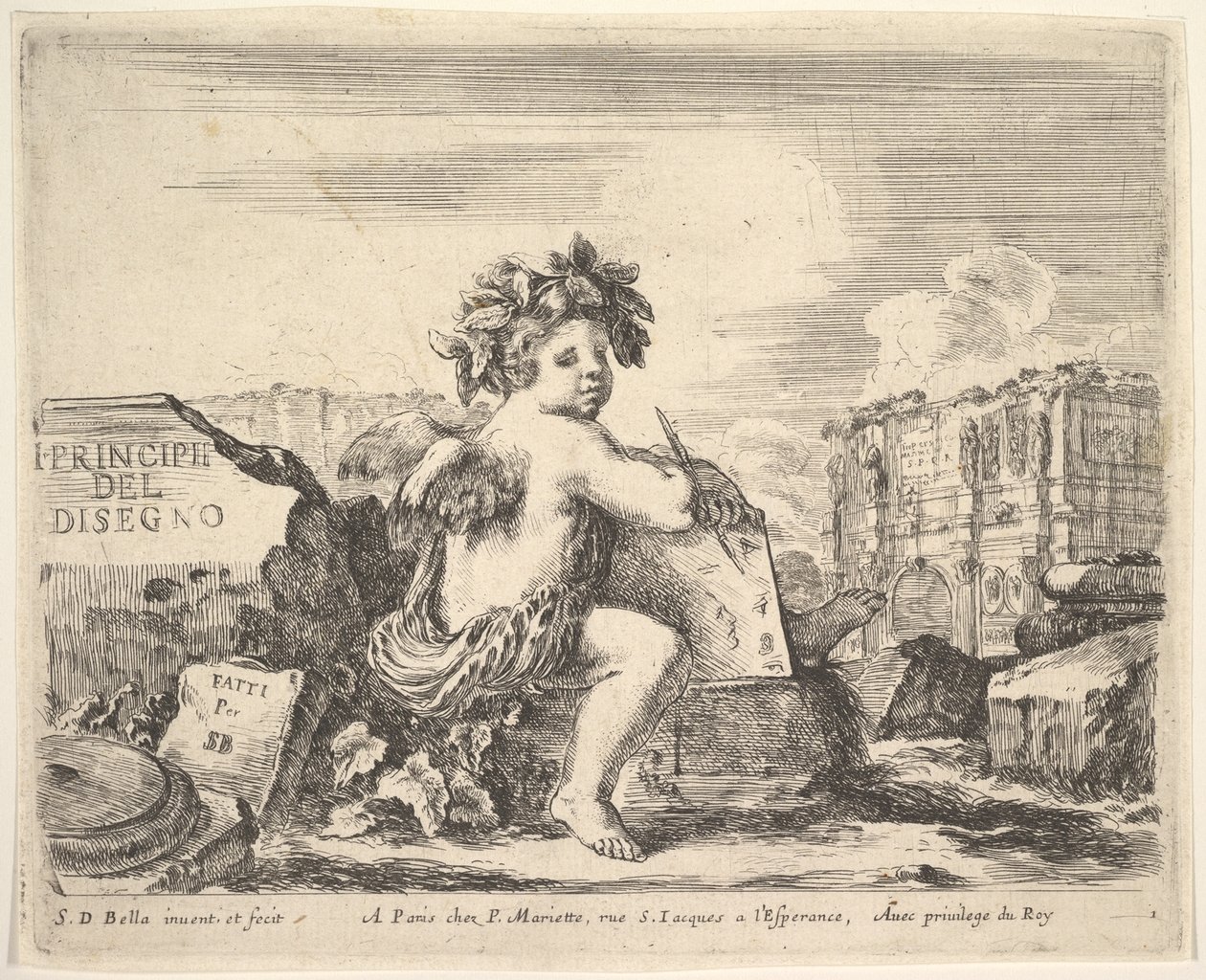 Plate 1: det geniale ved å tegne, et barn med vinger, sittende på en stein i midten snudd ..., ca. 1641. av Stefano della Bella