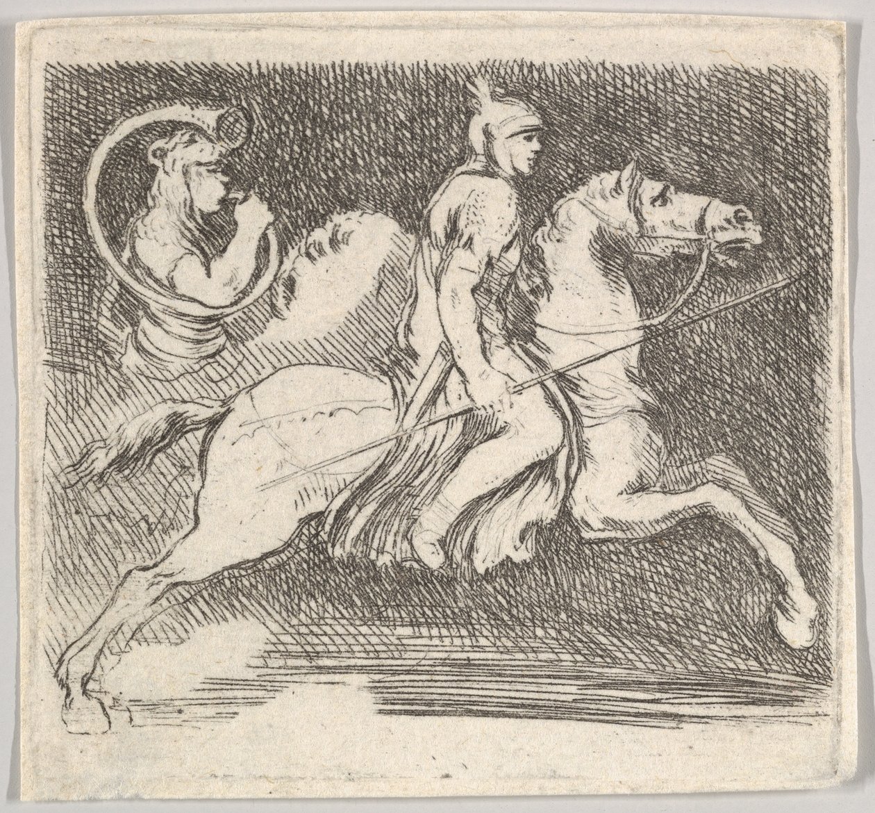 Plate 20: en soldat i profil galopperende til høyre med en lanse i høyre hånd..., ca. 1646. av Stefano della Bella