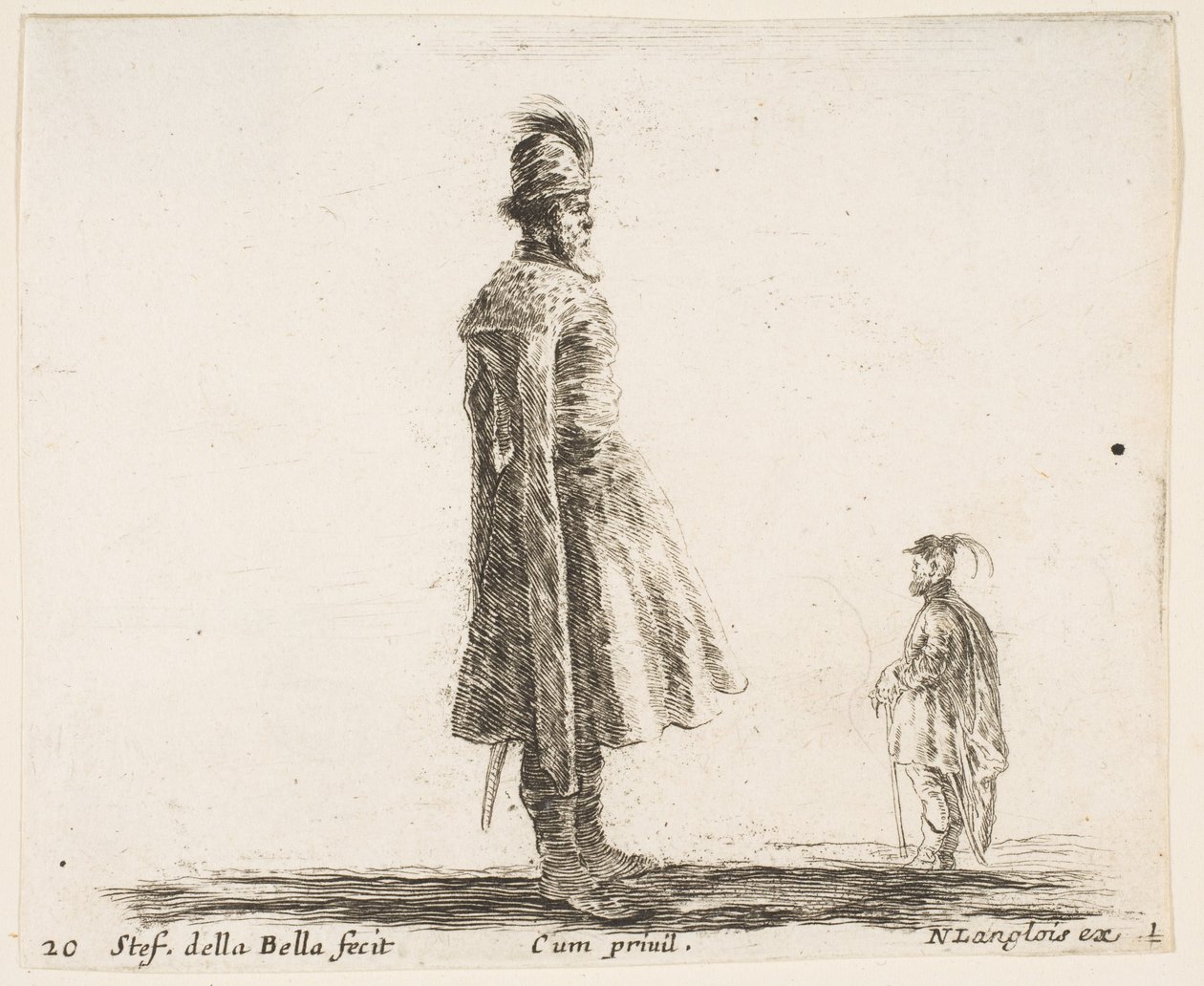 Plate 20: en gammel polsk adelsmann iført en plymerhatt i midten, stående i profil..., ca. 1644-47. av Stefano della Bella