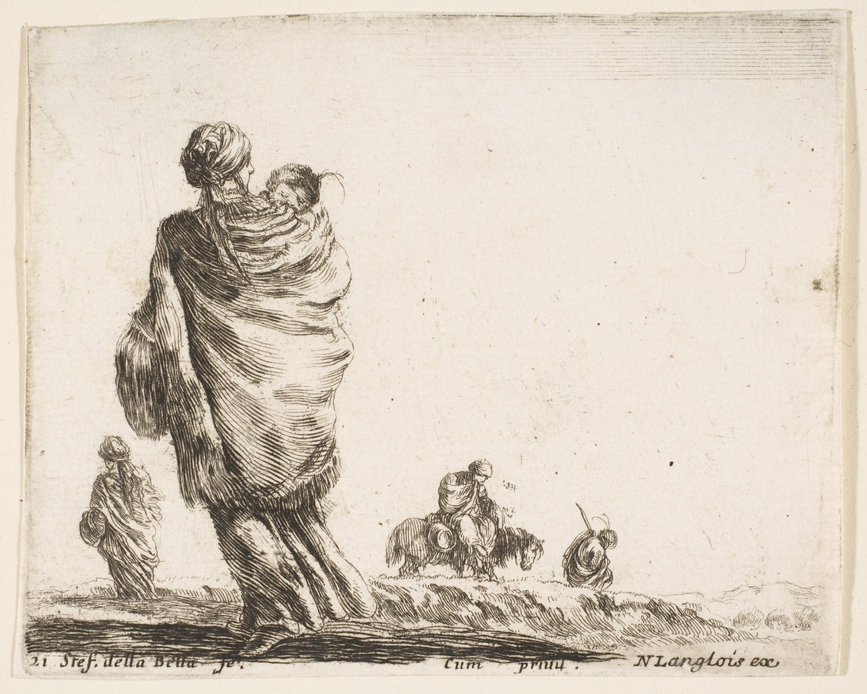 Plate 21: en fattig kvinne til venstre, sett bakfra, omslutter barnet sitt i et sjal..., ca. 1644-47. av Stefano della Bella