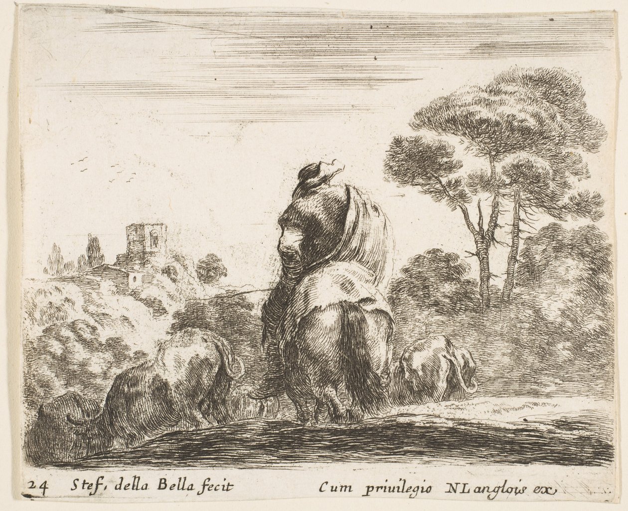 Plate 24: gjeter på toppen av en hest, sett bakfra, fører buskapen ned en bakke, en ..., ca. 1644-47. av Stefano della Bella