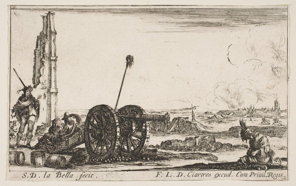 Plate 2: En kanon til venstre, en by i bakgrunnen, fra Various Military Capric..., ca. 1641. av Stefano della Bella