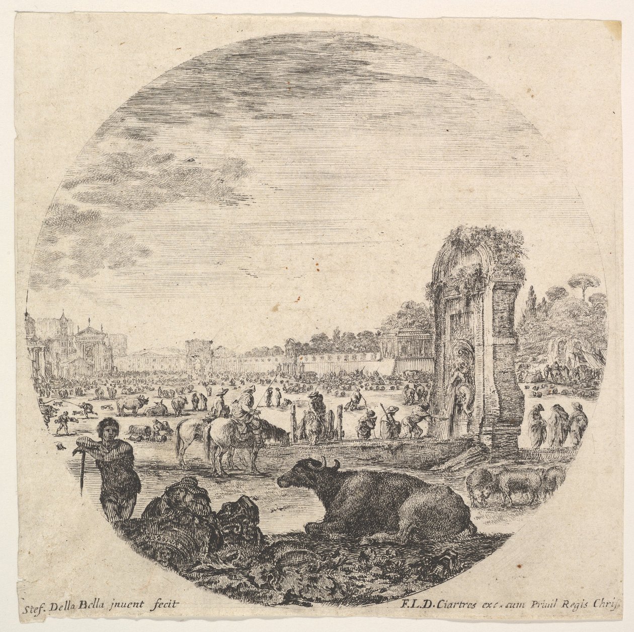 Plate 2: Campo Vaccino, en bøffel og to gjetere i midten, Fontanone å rigge..., ca. 1643-48. av Stefano della Bella