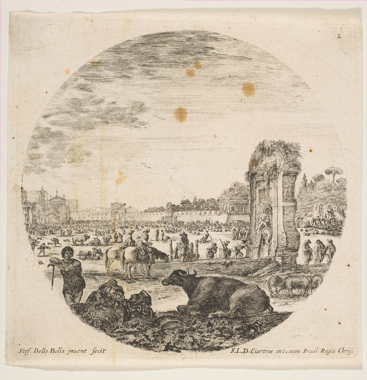 Plate 2: Campo Vaccino, en bøffel og to gjetere i midten, Fontanone til høyre ..., ca. 1646. av Stefano della Bella