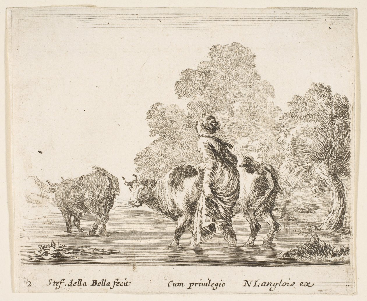 Plate 2: en bondekvinne gjeter to kyr over en bekk, og går mot venstre..., ca. 1644-47. av Stefano della Bella
