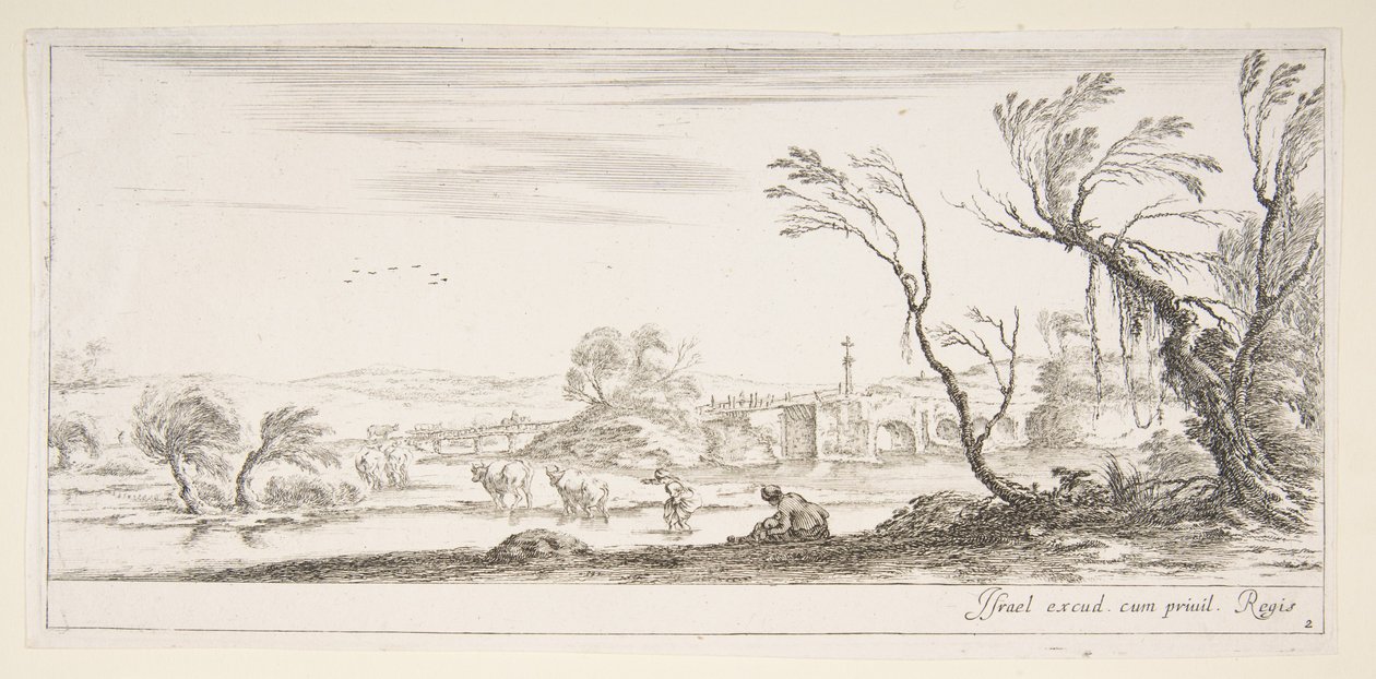 Plate 2: en bondekvinne som fjerner skoene i midten, en annen bondekvinne og to c..., ca. 1641. av Stefano della Bella