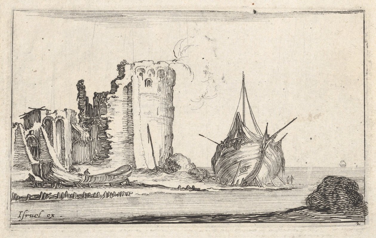 Plate 2: et skip til høyre og en robåt til venstre, skylt opp på land, et tårn i ruiner b..., ca. 1642. av Stefano della Bella