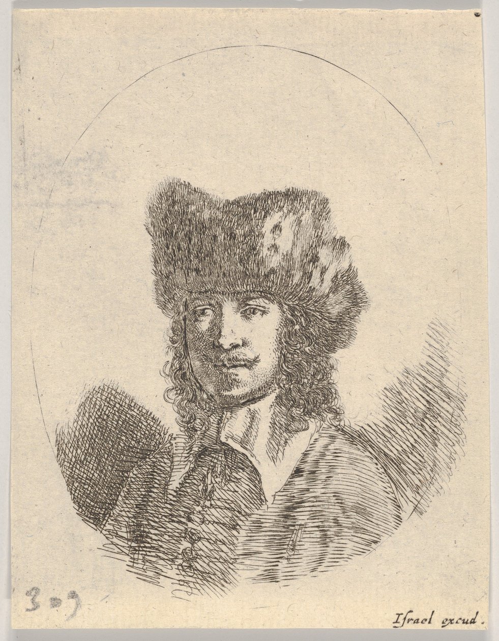 Plate 2: hodet til en mann med bart og pelshatt vendt mot venstre, en oval komposisjon, fra..., 1650. av Stefano della Bella