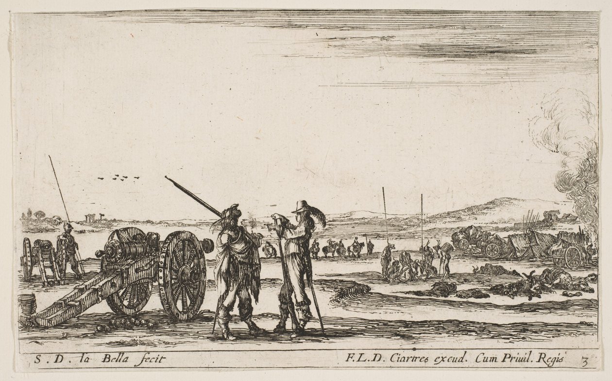 Plate 3: En offiser som gir ordre til en soldat i midten av forgrunnen, kanon til venstre, av..., ca. 1641. av Stefano della Bella