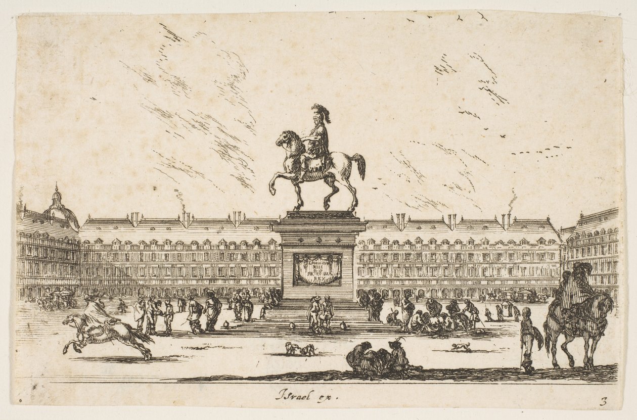 Plate 3: La Place Royale, rytterstatue av Louis XIII i profil vendt mot venstre i ce..., 1642. av Stefano della Bella