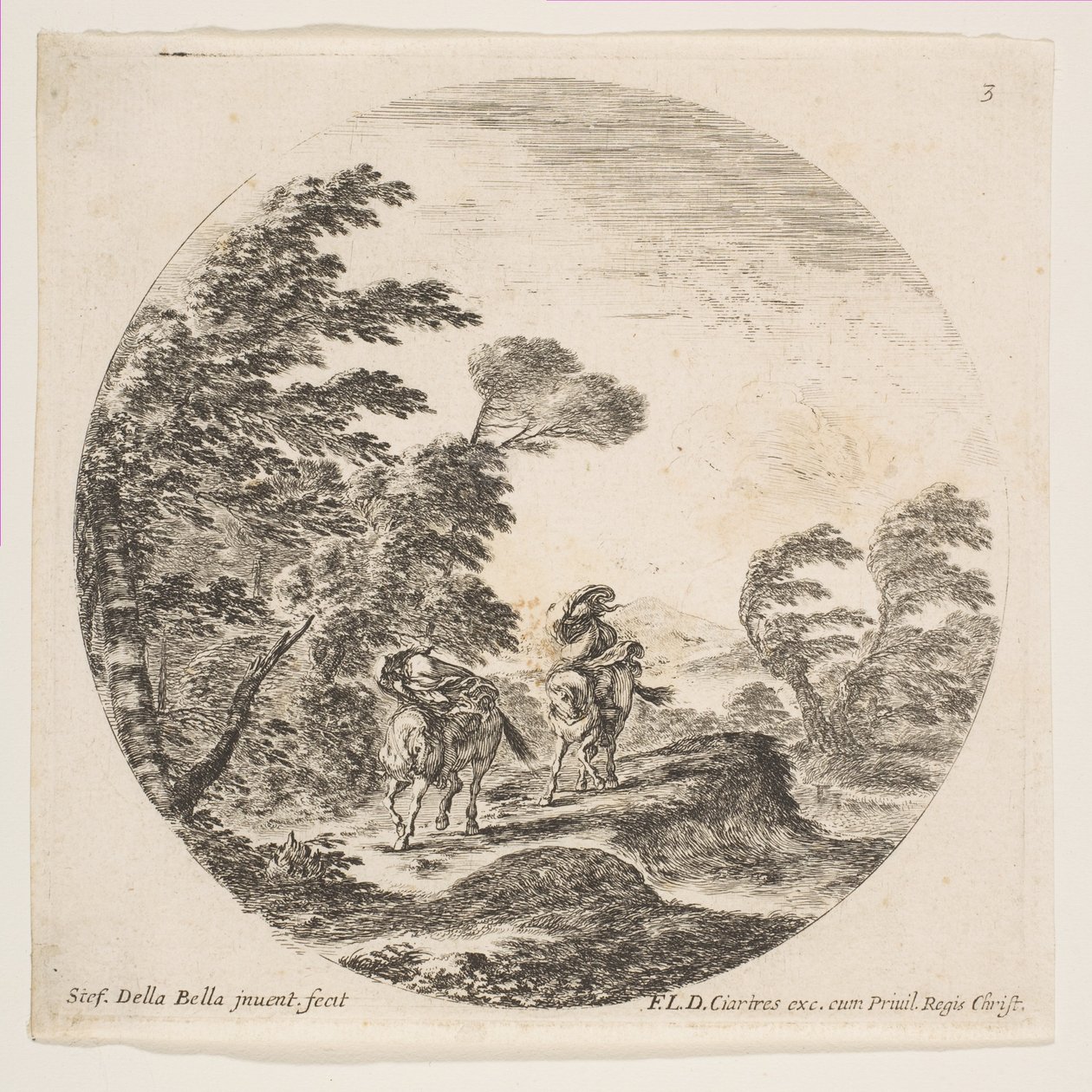 Plate 3: kuling i skogen, to ryttere pakket inn i kappene sine, med vinden blås..., ca. 1646. av Stefano della Bella