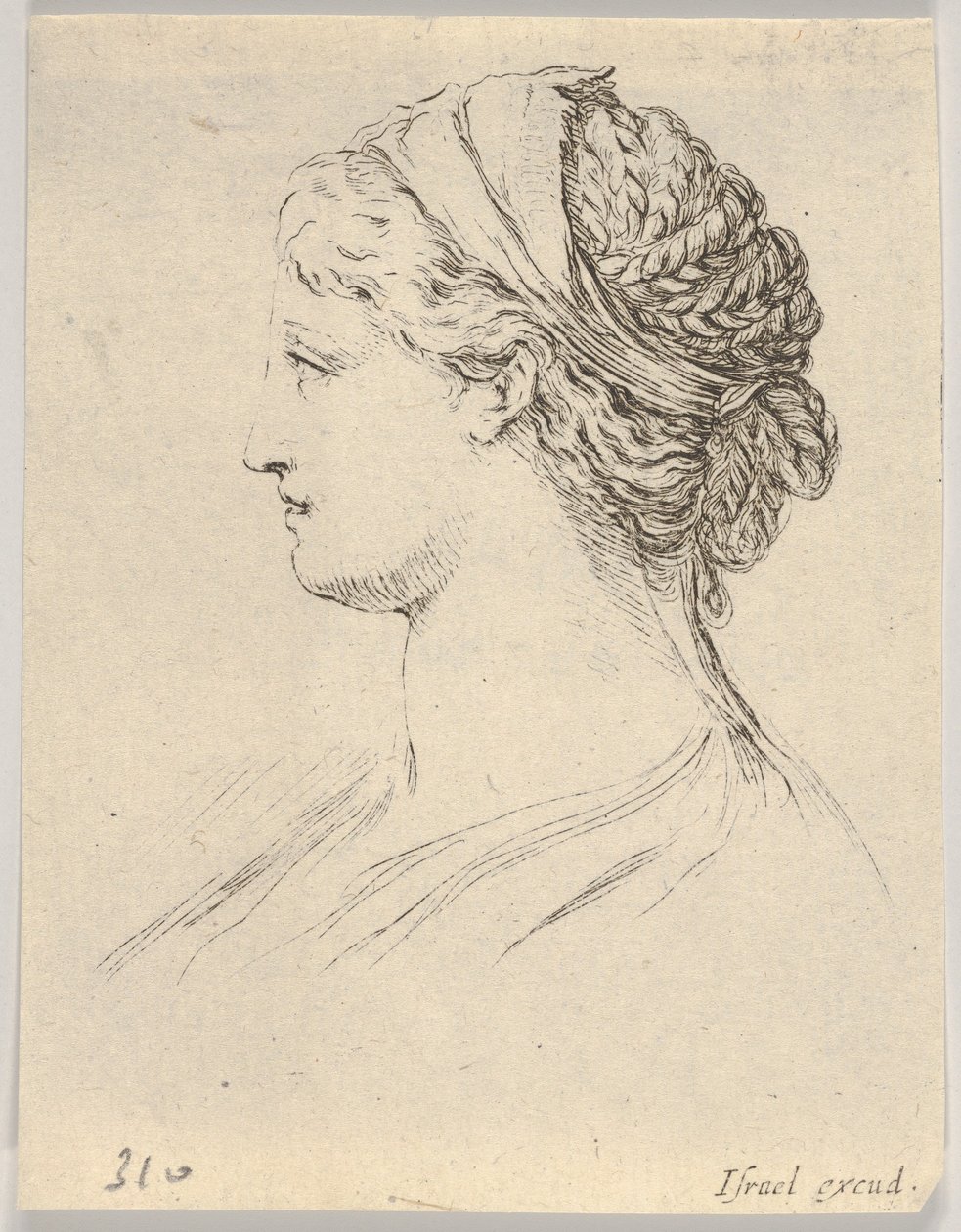 Plate 3: hodet til en kvinne med flettet hår, dreid i profil til høyre, fra Various ..., 1650. av Stefano della Bella