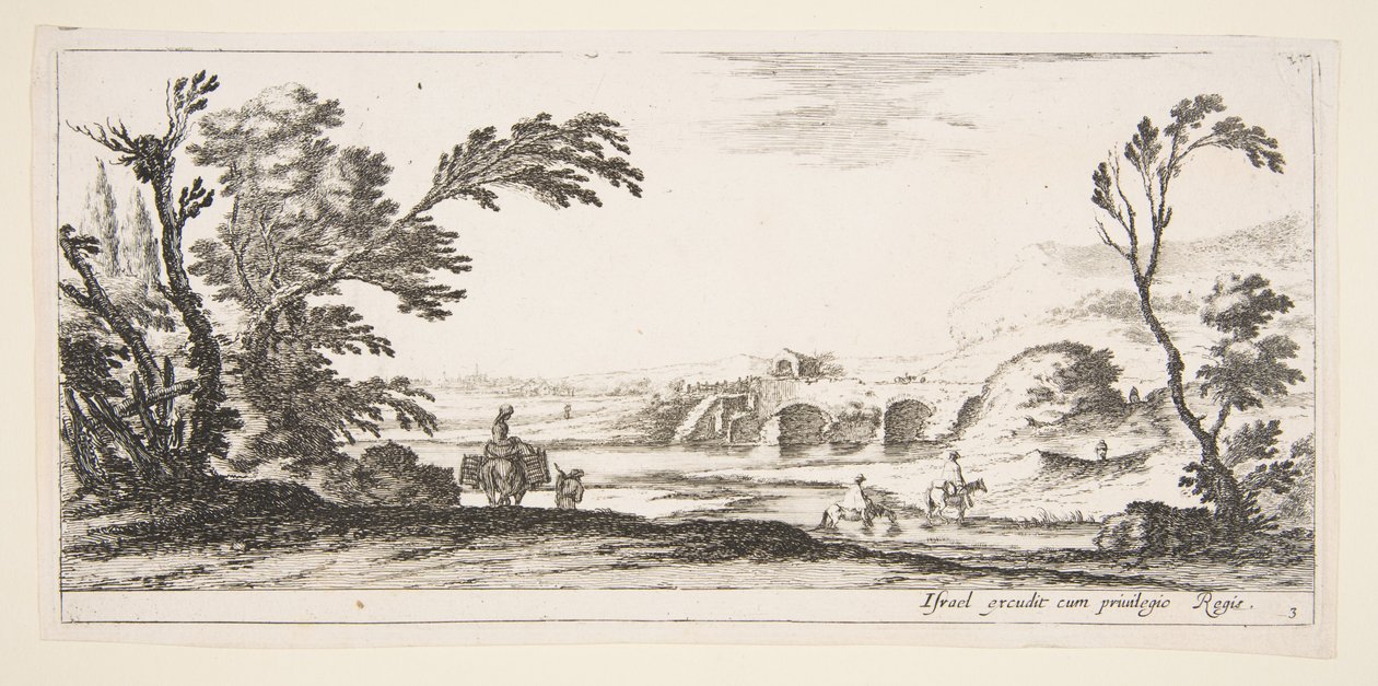 Plate 3: to ryttere krysser en elv til høyre, en kvinne med to kurver på toppen av en donke..., ca. 1641. av Stefano della Bella