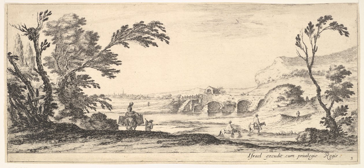 Plate 3: to ryttere krysser en elv til høyre, en kvinne med to kurver på toppen av en donke..., ca. 1641. av Stefano della Bella