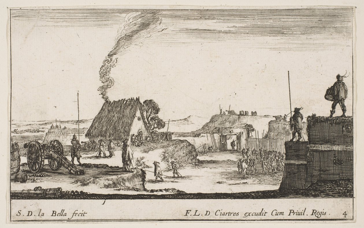 Plate 4: Et militærleir med en soldat som står på en brystning til høyre for..., ca. 1641. av Stefano della Bella