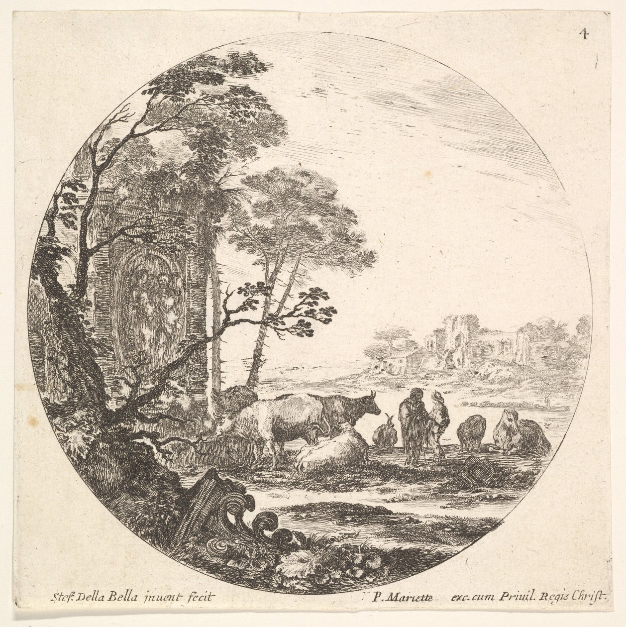 Plate 4: en korintisk hovedstad på bakken til venstre i forgrunnen, et monument med..., ca. 1643-48. av Stefano della Bella