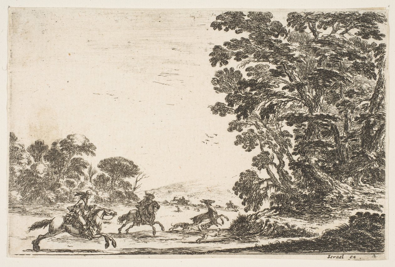 Plate 4: en hjortejakt, to ryttere galopperende mot venstre bak tre hunder og en hjort..., 1642. av Stefano della Bella