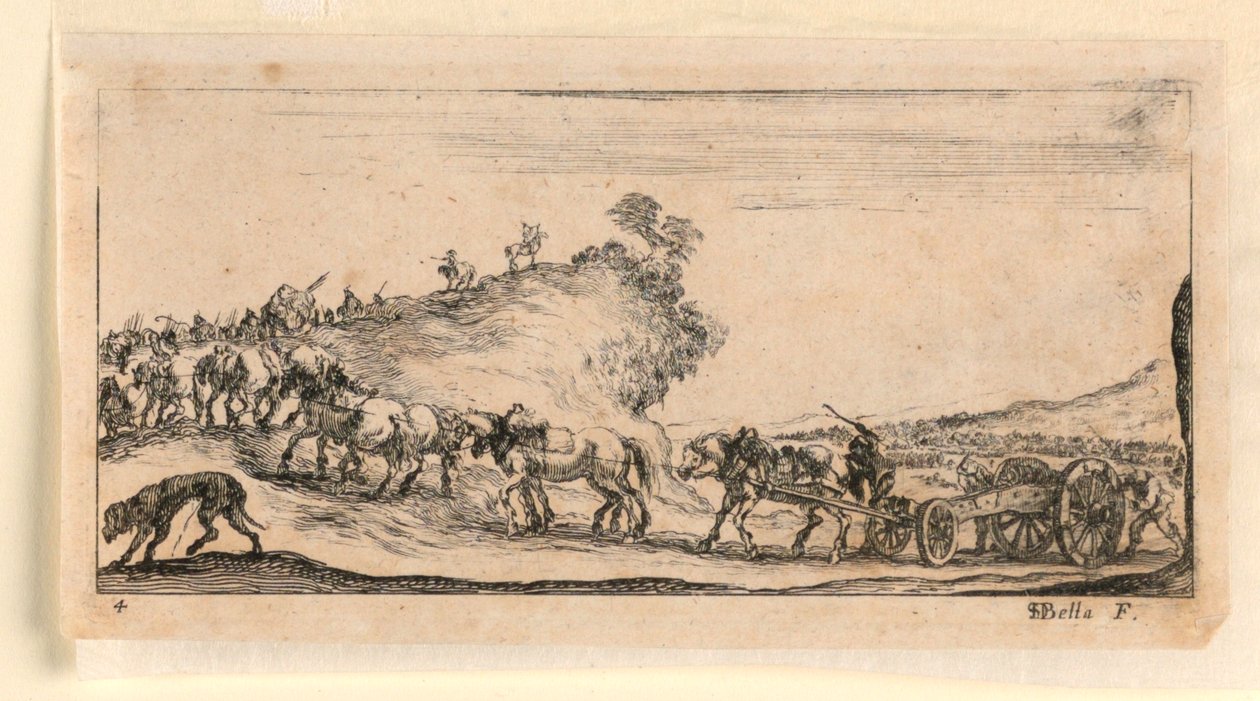 Plate 4, fra "Designs of Some Troop Conduct, Cannons, and Attacks on Towns" av Stefano della Bella