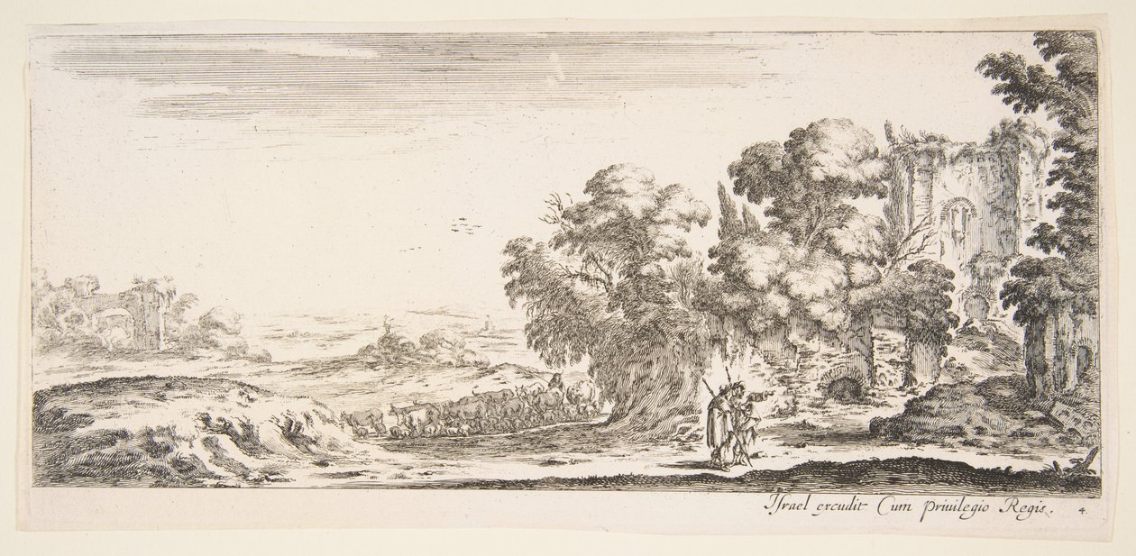 Plate 4: to pilegrimer som observerer ruiner til høyre, en peker mot høyre, en sau..., ca. 1641. av Stefano della Bella