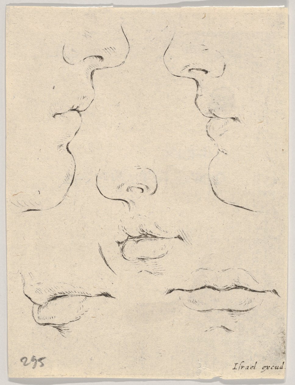 Plate 4: to profiler og tre munner, fra Boken for å lære å tegne Livre po..., ca. 1649. av Stefano della Bella