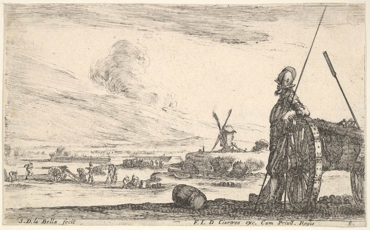 Plate 5: En Pikeman som står rett ved siden av en kanon, andre militære skikkelser i ba..., ca. 1641. av Stefano della Bella