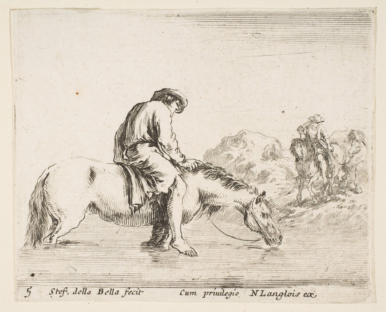 Plate 5: en barfot bonde på hesteryggen som krysser en elv, en annen bonde på hest..., ca. 1644-47. av Stefano della Bella