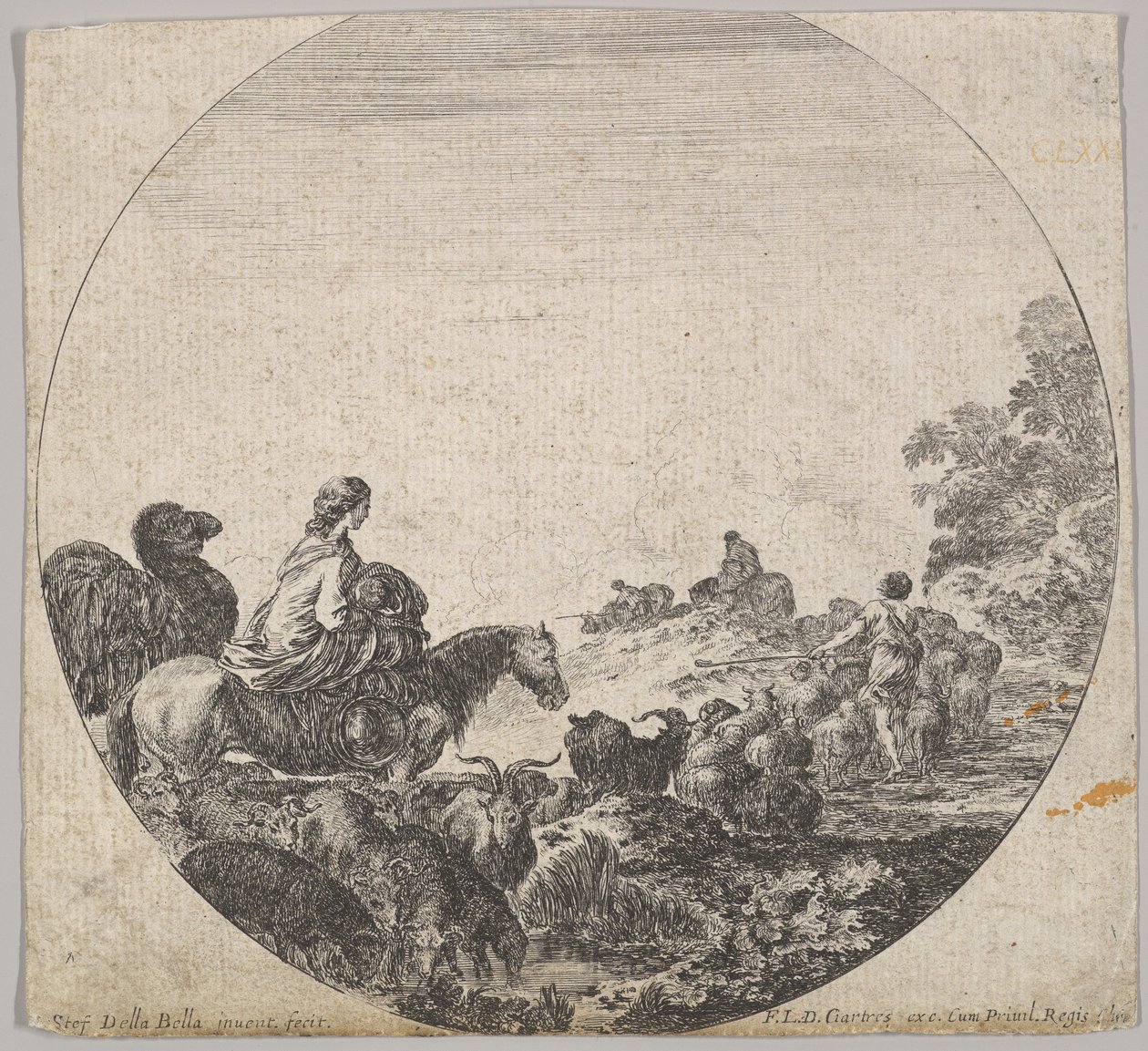 Plate 5: en kvinne som bærer et barn på en hest til venstre, en kamel etter henne, en flokk..., ca. 1643-48. av Stefano della Bella