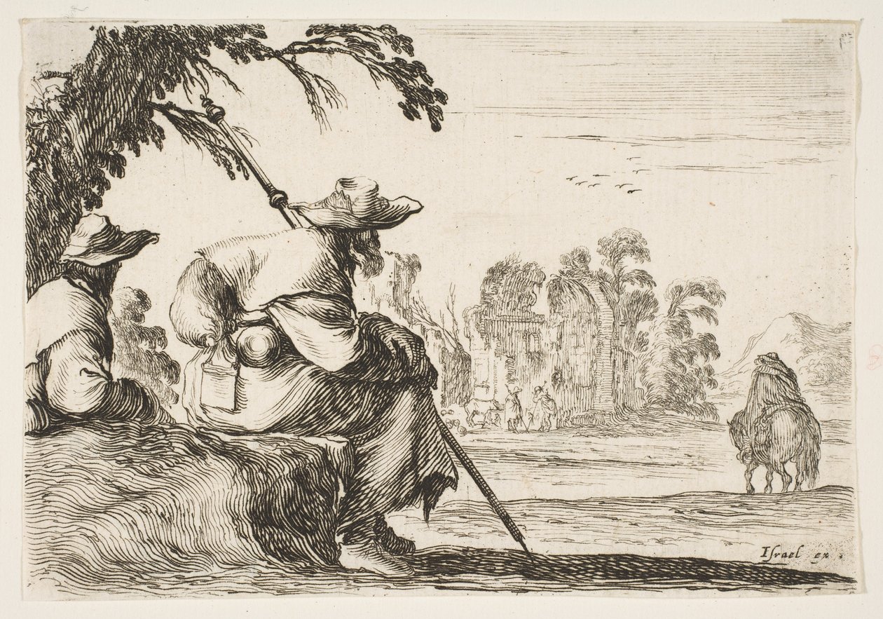 Plate 5: to pilegrimer med hatter hviler til venstre, sett bakfra, en rytter rir mot krig..., 1642. av Stefano della Bella
