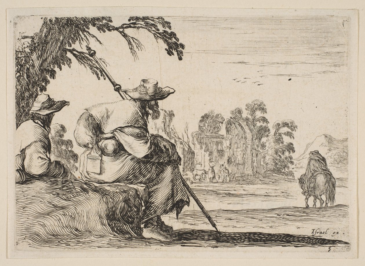 Plate 5: to pilegrimer med hatter hviler til venstre, sett bakfra, en rytter rir mot krig..., 1642. av Stefano della Bella