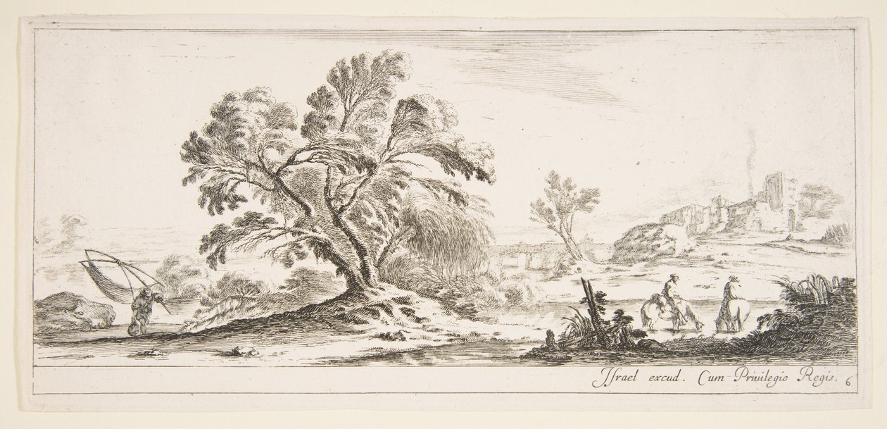 Plate 6: en fisker som bærer et garn til venstre, to ryttere i en bekk til høyre, et tre..., ca. 1641. av Stefano della Bella