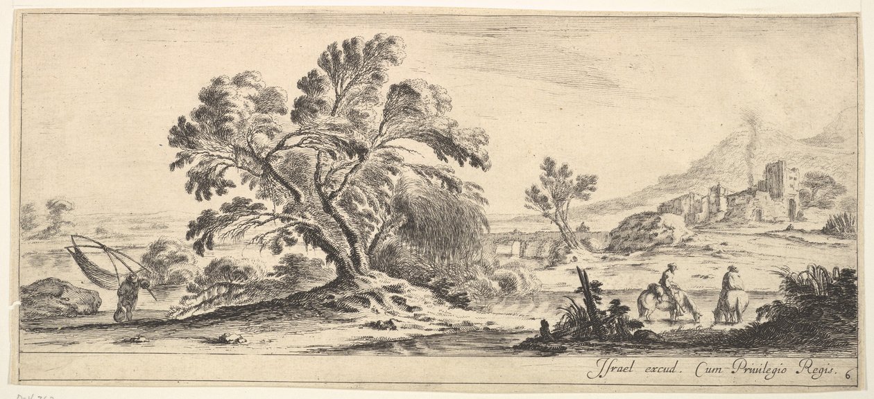 Plate 6: en fisker som bærer et garn til venstre, to ryttere i en bekk til høyre, et tre..., ca. 1641. av Stefano della Bella
