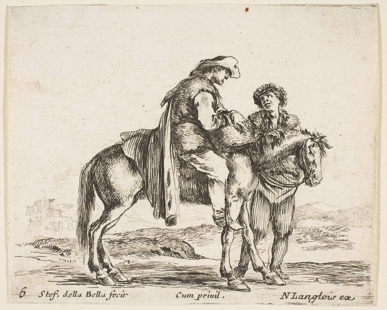 Plate 6: en bonde på hesteryggen i profil vendt mot høyre, holder en kurv og t..., ca. 1644-47. av Stefano della Bella