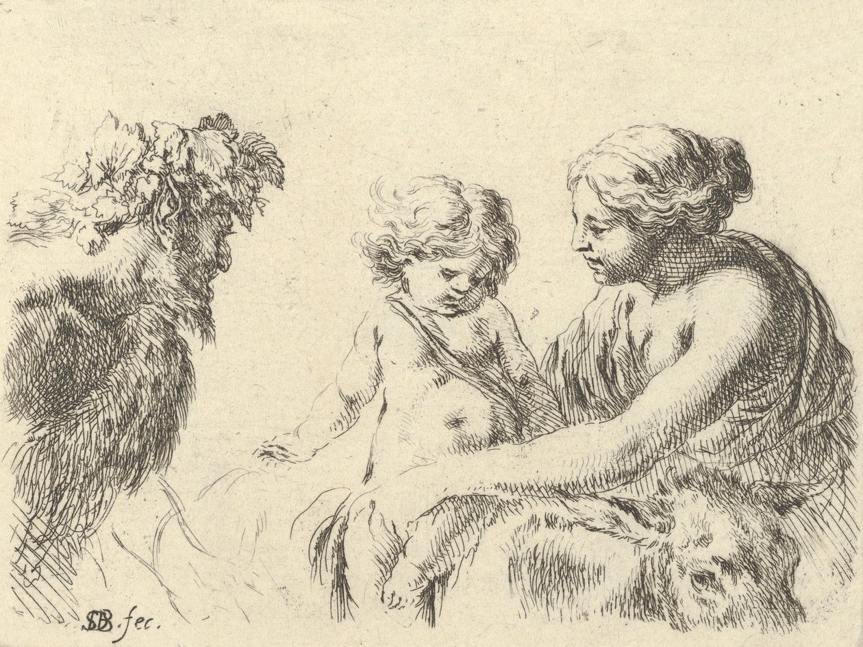 Plate 6: en kvinne til høyre som holder barnet sitt som sitter oppå et esel, en satyr ved l..., ca. 1646. av Stefano della Bella