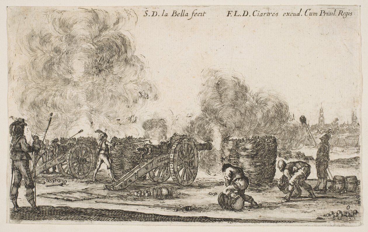 Plate 6: batteri av kanoner som skyter mot en by, fra Various Military Caprices Varii ..., ca. 1641. av Stefano della Bella