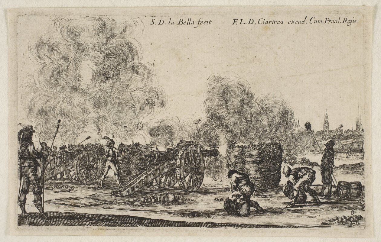 Plate 6: batteri av kanoner som skyter mot en by, fra Various Military Caprices Varii ..., ca. 1641. av Stefano della Bella