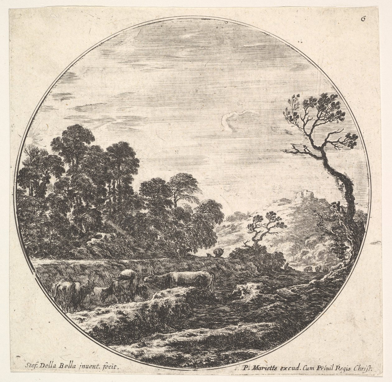 Plate 6: kyr krysser en dal til venstre, en gruppe trær til venstre, en rytter og o..., ca. 1643-48. av Stefano della Bella
