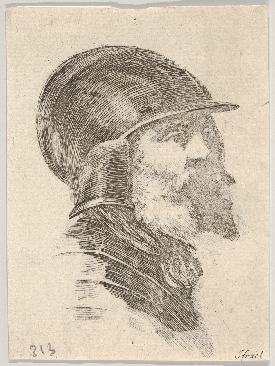 Plate 6: hodet til en gammel skjeggete soldat med hjelm vendt mot høyre, fra Various heads..., 1650. av Stefano della Bella
