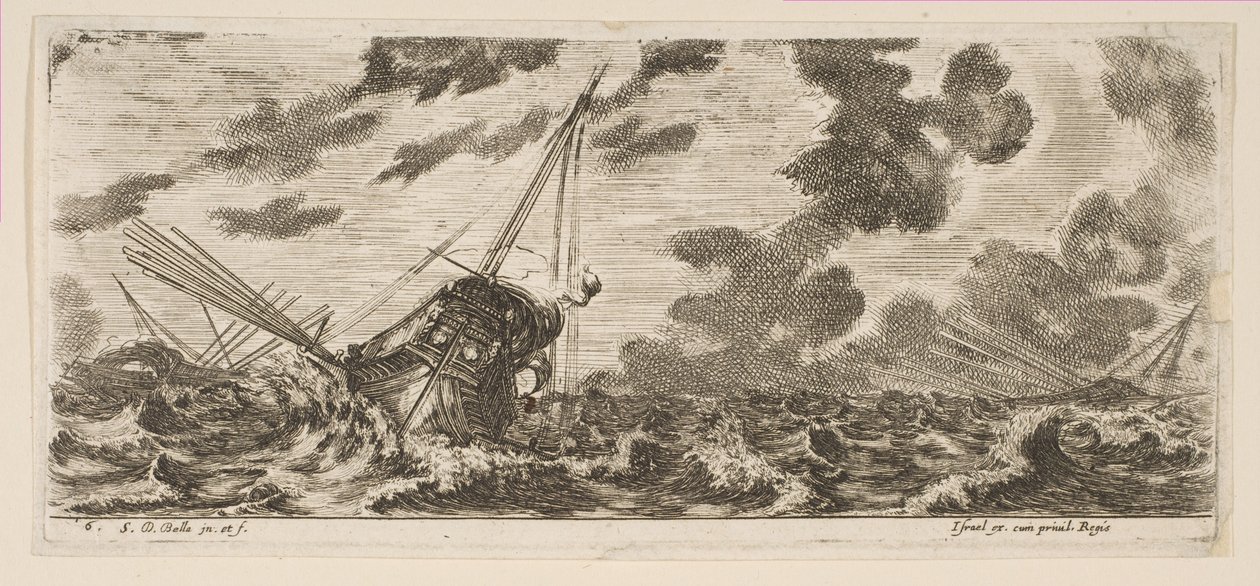 Plate 6: tre skip i en storm, fra Various Embarkations Divers embarquements, ca. 1646-47. av Stefano della Bella