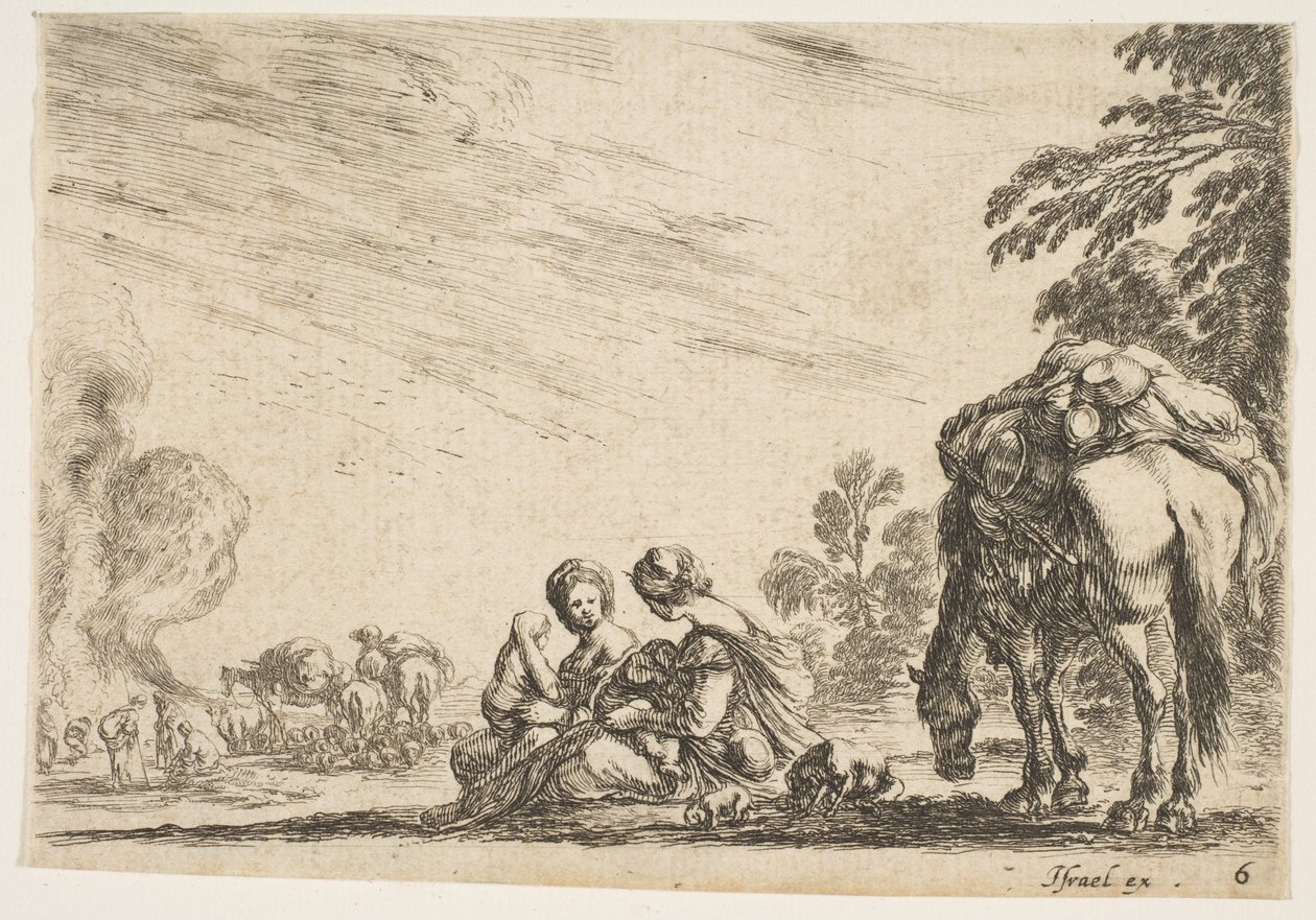 Plate 6: to kvinner, en som ammer et barn, sittende ved siden av en hund og en hest som bærer en sekk..., 1642. av Stefano della Bella