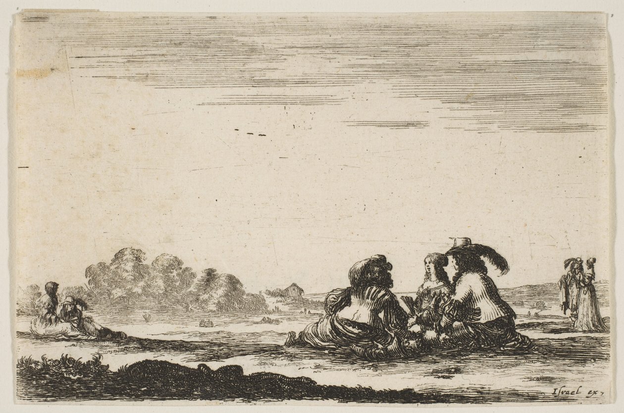 Plate 7: To adelsmenn sittende i midten, sett bakfra, i samtale med et adelshav..., 1642. av Stefano della Bella