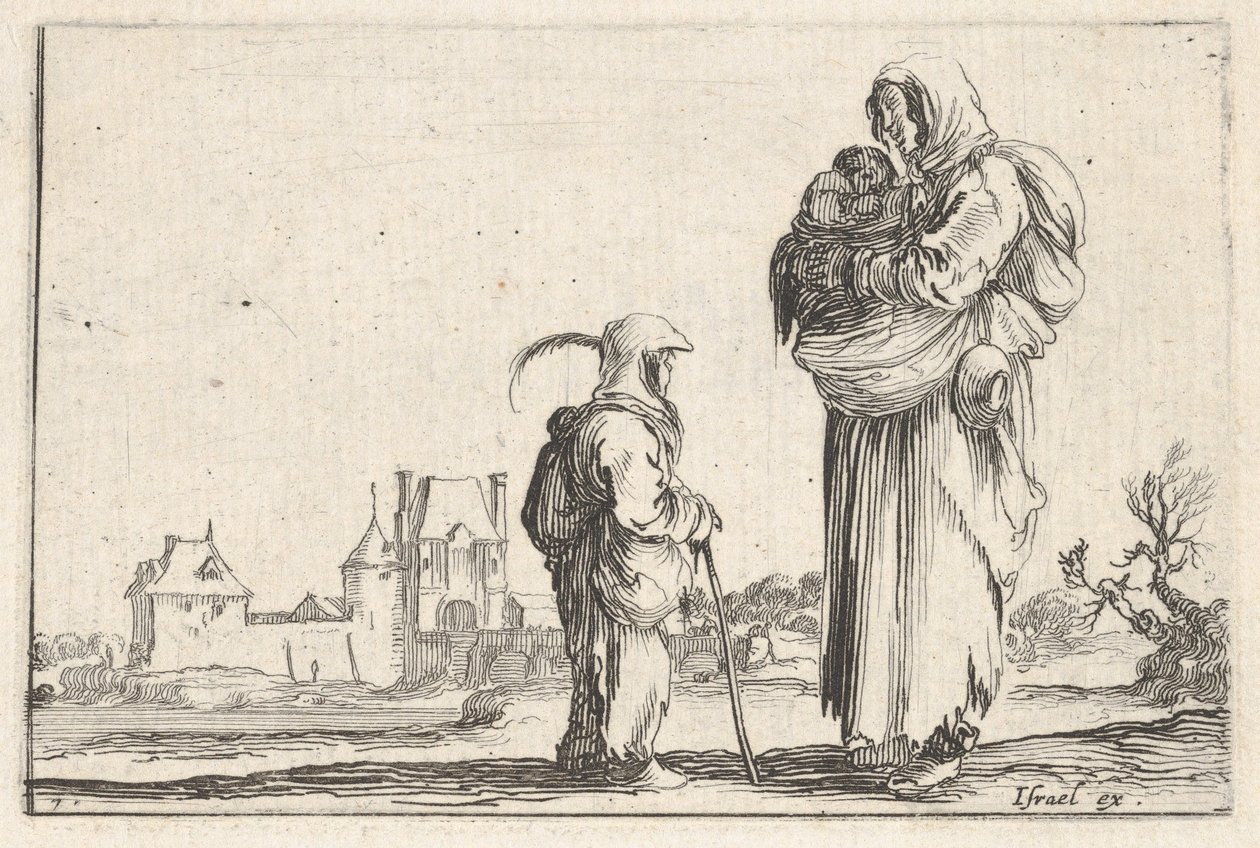 Plate 7: en bondekvinne som bærer et barn til høyre, snakker til et annet barn som står..., ca. 1642. av Stefano della Bella