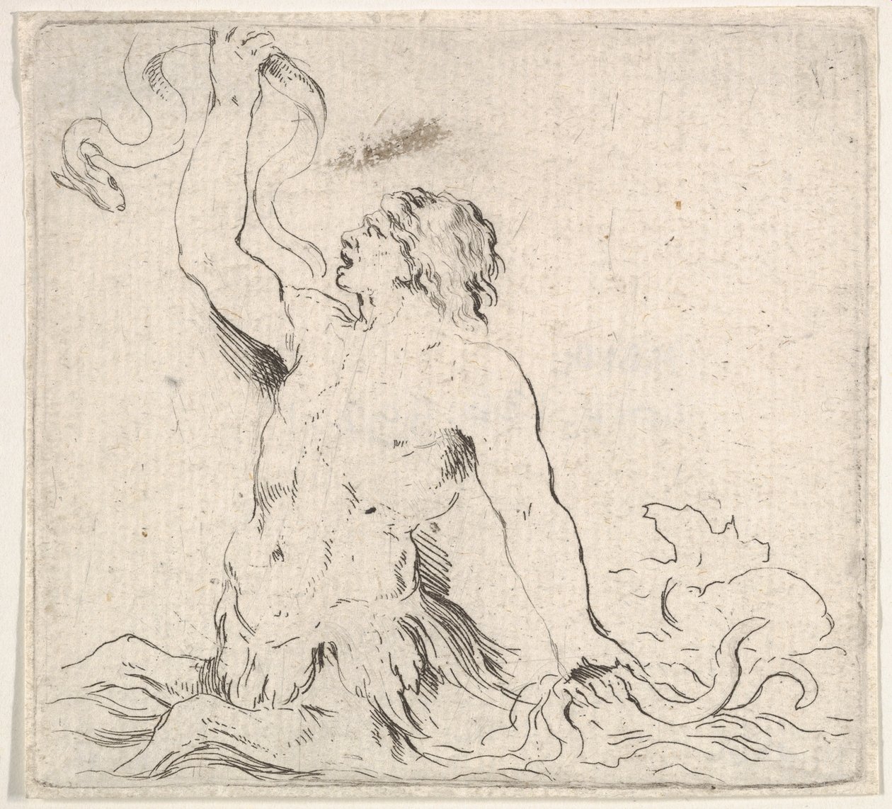 Plate 7: en triton i vannet, vendt mot venstre, holder opp en ål i høyre hånd og t..., ca. 1646. av Stefano della Bella