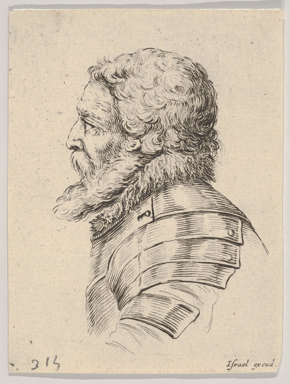 Plate 7: byste av en skjeggete soldat iført rustning, vendt mot venstre i profil, fra Various he..., 1650. av Stefano della Bella