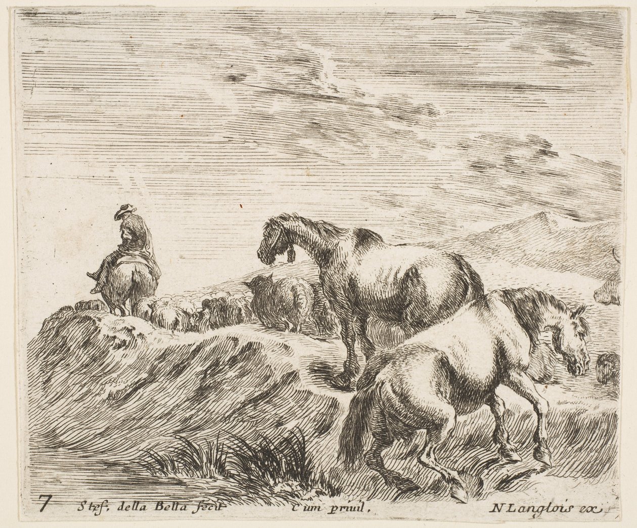 Plate 7: to hester som stiger opp på bredden av en elv til høyre, etter en prosesjon ..., ca. 1644-47. av Stefano della Bella