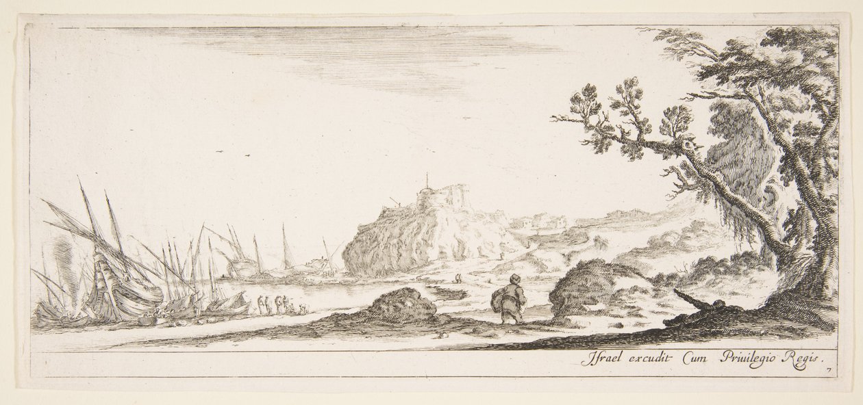 Plate 7: forskjellige båter på land til venstre, en mann som bærer en bag, sett bakfra og..., ca. 1641. av Stefano della Bella